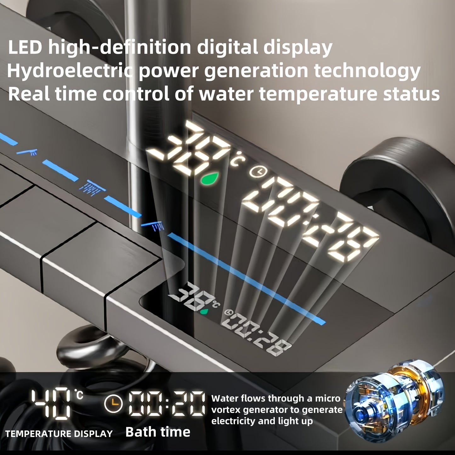Four-button digital showerhead with ambient lighting, shower component, gray full-spray system, ideal for home bathrooms and hotel bathrooms, bathroom decor gift, adjustable temperature and pressure water flow, enhances bathing experience, perfect choice