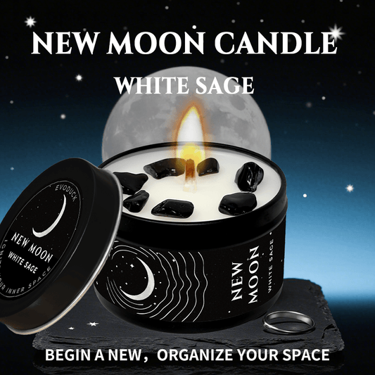 EVODUCK New Moon White Sage Manifestation Candle - 3oz Scented Soy Wax with Black Crystal Chips, Hand-Poured, Law of Attraction, Includes Wish Card, Ideal Gift for Her & Him, Indoor Use, 12+ Hour Burn Time, Spiritual Candle, Mystical Design, Highquality