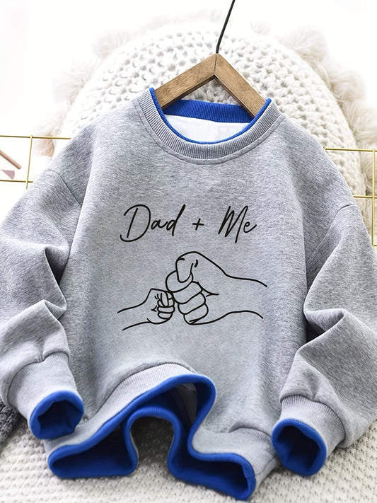Boys' Spring/Fall Casual Crew Neck Sweatshirt with "Dad+Me" Print, Regular Fit Long Sleeve Pullover, Slight Stretch Fabric, Perfect for Casual Attire, Everyday Youngsters'S Clothing | Playful Graphic Sweatshirt | Comfortable Fit, Youngsters Sweatshi