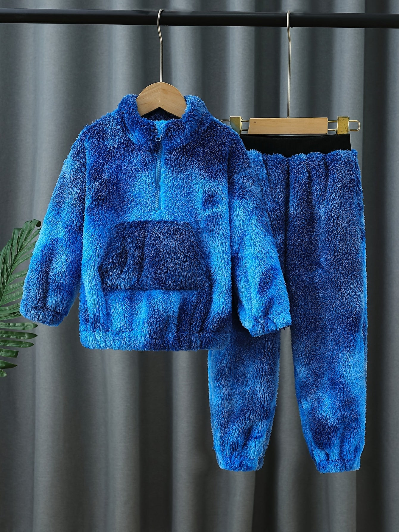 Boys' Cozy Fleece-Lined Zip-Up Hoodie & Pants Set in Blue Tie-Dye - Casual, Warm Polyester Outfit for Fall/Winter, Machine Washable, Perfect for Outdoor