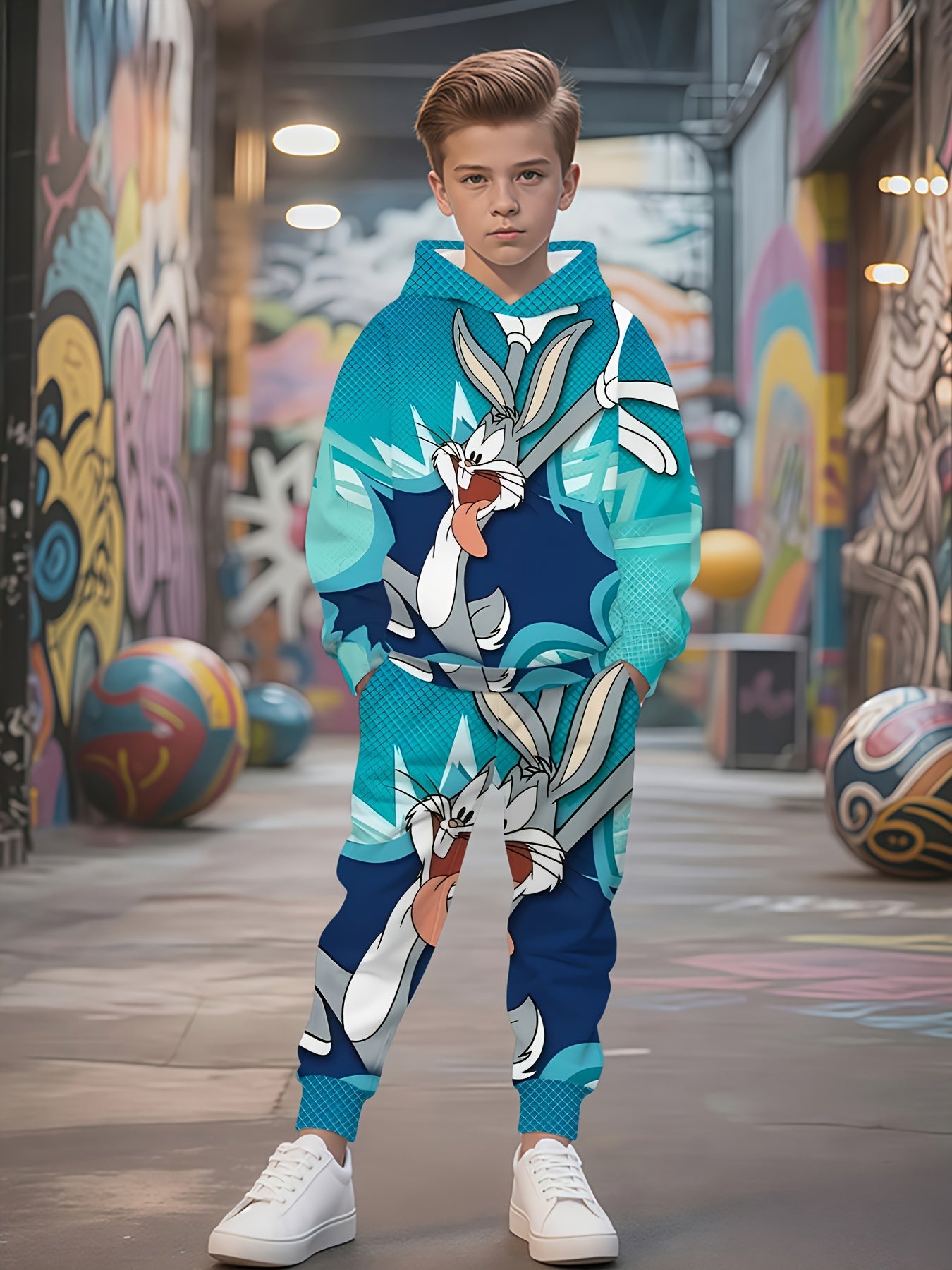 Looney Tunes Bugs Bunny 3D Print Casual Hoodie & Sweatpants Set, Perfect for Outdoor Activities, Perfect for Outdoor