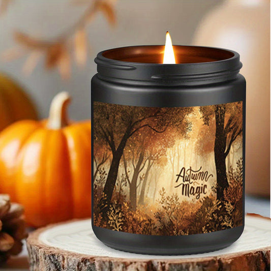 1pc Autumn Forest Scented Candle with Gnarled Trees & Falling Leaves - Ultra-Detailed 2D Flat Illustration, Intricate Leaf Patterns, Vintage Storybook Style, Modern Digital Precision, Ethereal Fog Dreamlike Atmosphere, Warm Color Palette, Soy Wax, Indoor