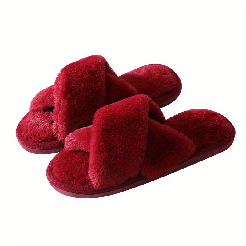 Cozy Crisscross Furry Slippers - Women's Warm Plush Fuzzy Flat Open Toe Home Shoes with Soft Comfy Insoles - Perfect for Lounging Around the House