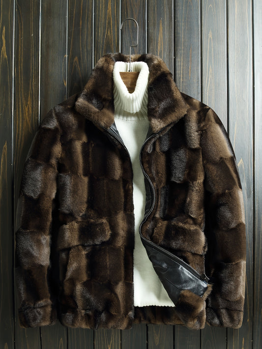 Men'S Faux Fur Plaid Long Sleeve Stand Collar Zipper Closure Polyester Lining Daily Casual Wear Outerwear Jacket for Fall/Winter