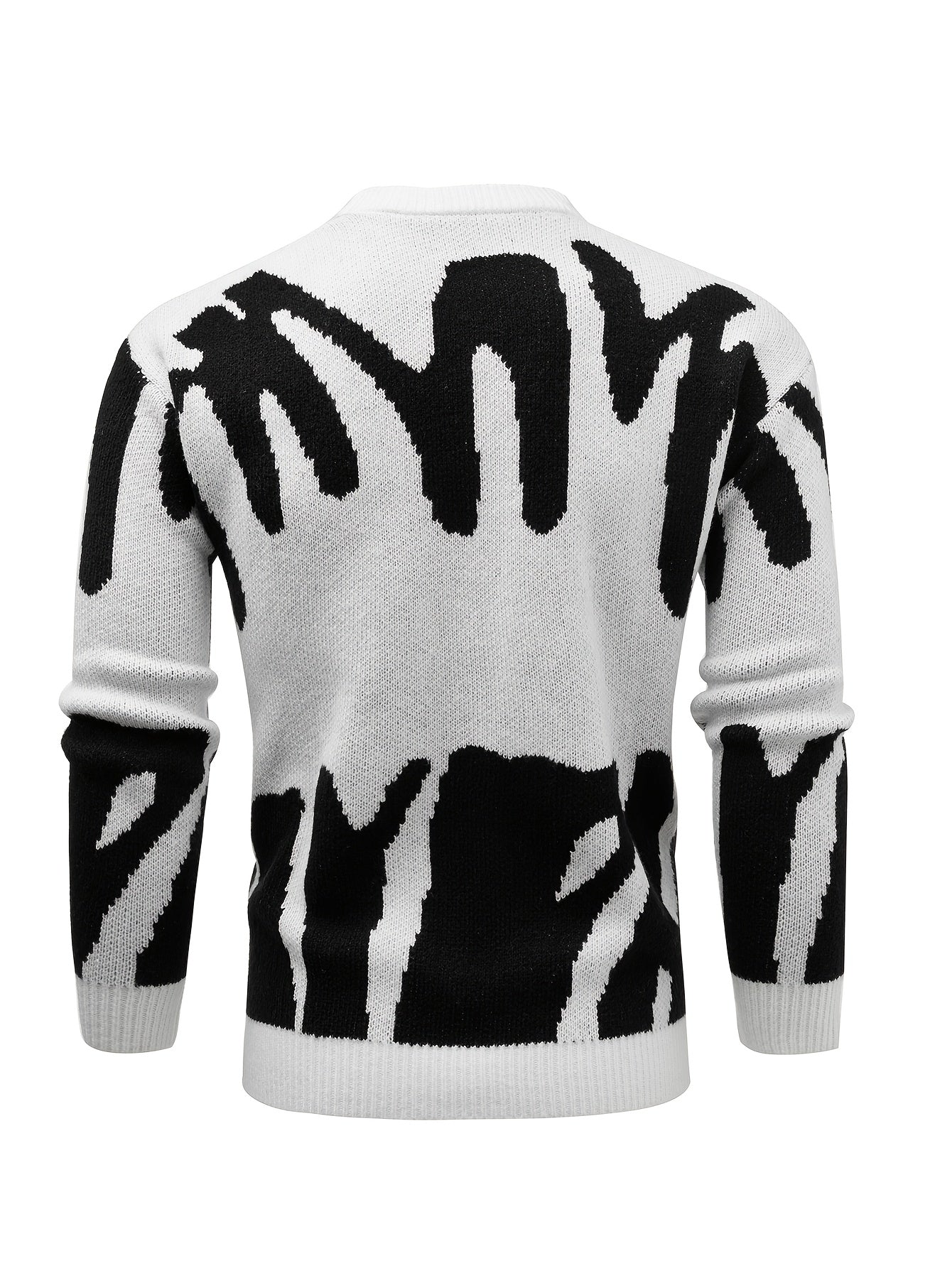 Men's Black & White Zebra Stripe Knit Sweater - Oversized Round Neck Long Sleeve Winter Pullover, Black & White Striped Sweater for Men, Casual & Formal Outfits, Relaxed Fit Fall Winter Warm Sweater with Double-Layer Design, Drop Shoulder Sleeves, and Me