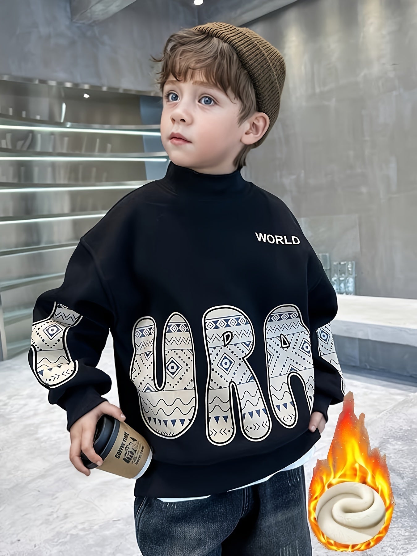 Boys' Cozy Fleece-Lined Sweatshirt - Casual High Neck, Long Sleeve Pullover for Fall/Winter - Stylish & Warm Youngsters' Top