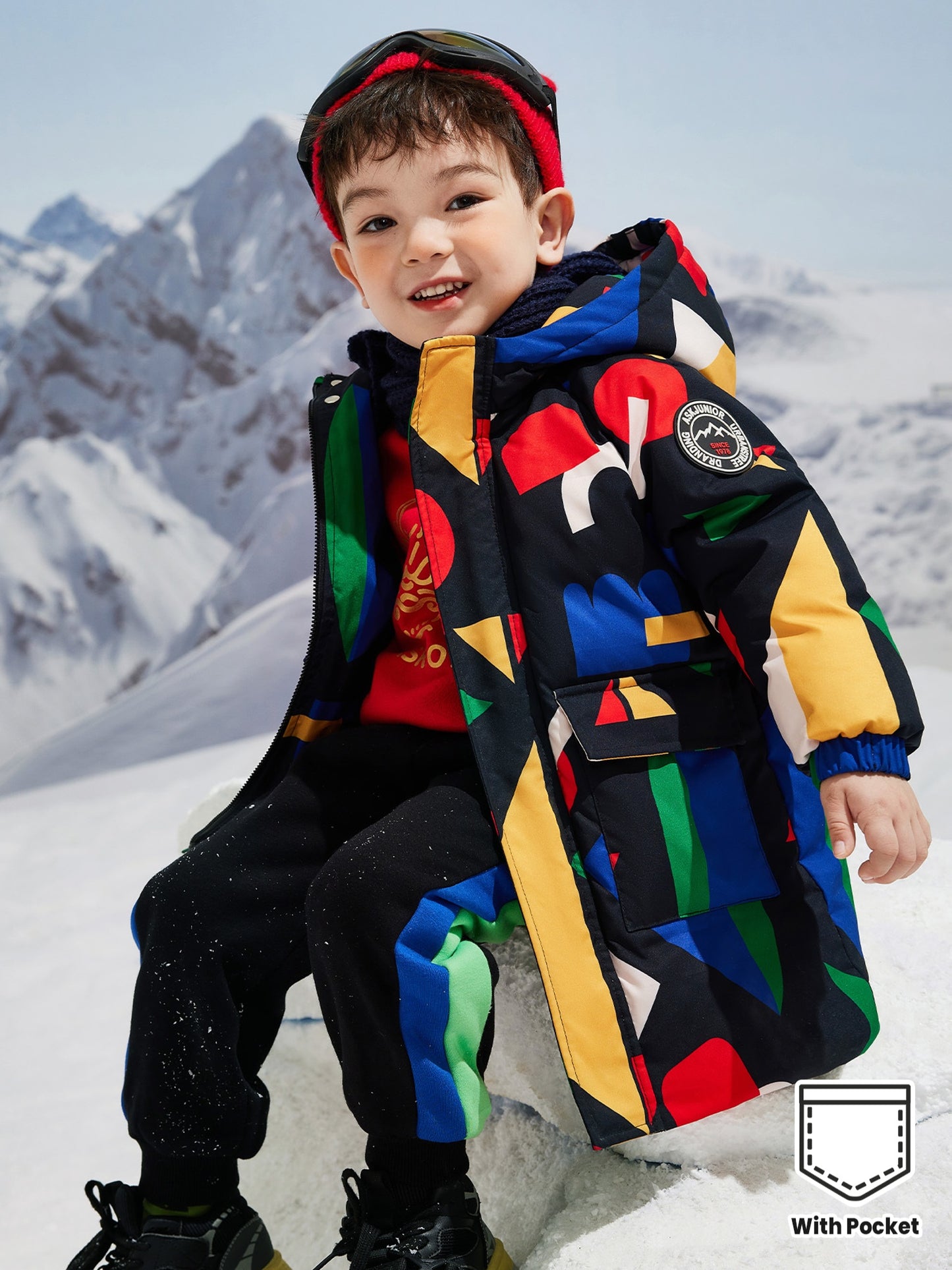 ASK JUNIOR Boys' Winter Down Jacket - Thickened Warm Mid-Length Hooded Coat with Colorful Geometric Pattern, Zip-Up Front, Pockets & Adjustable Hood for Snowy Outdoor Play, Winter Coat, Playful Winter Wear, Durable Winter Wear