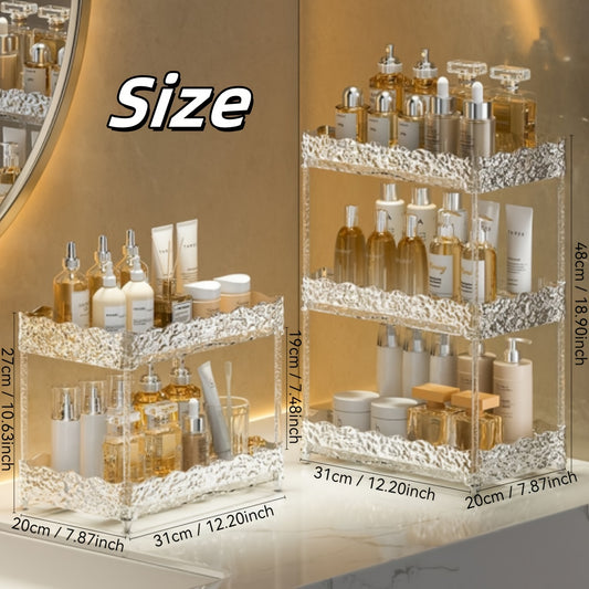 2-Tier/3-Tier Large Capacity Clear Cosmetic Storage Organizer with Crystal Texture Design - Ideal for Bathroom, Bedroom, Office, Living Room - Countertop Organizer for Skincare, Perfumes, and Makeup, Bathroom Organizer|Decorative Organizer|Durable Plasti