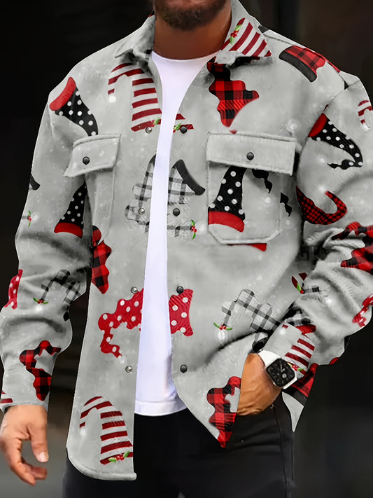 Men's Casual Baseball Jacket - Loose Fit Button-Up Coat with Plaid & Holiday Motifs, Machine Washable Spring/Fall Outerwear for Casual Attire