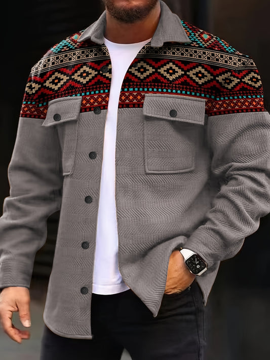 Men's Casual Jacket - Soft Blend Color Block Geometric Pattern, Lapel Collar Long Sleeve with Pockets, Regular Fit for Spring/Fall Outdoor & Trendy Looks, Gift for Eld, Gift for Ramadan