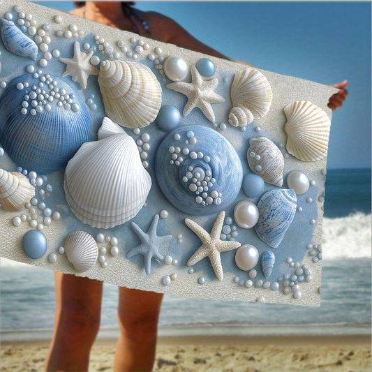 Lightweight Quick-Dry Microfiber Large Beach Towel - Turquoise Blue & White Print with Golden Shells, Sand-Resistant Thick Soft Bath Towel for s &, Swimming, Pool, Travel, Camping - Tropical Blue Design (Microfiber Sand