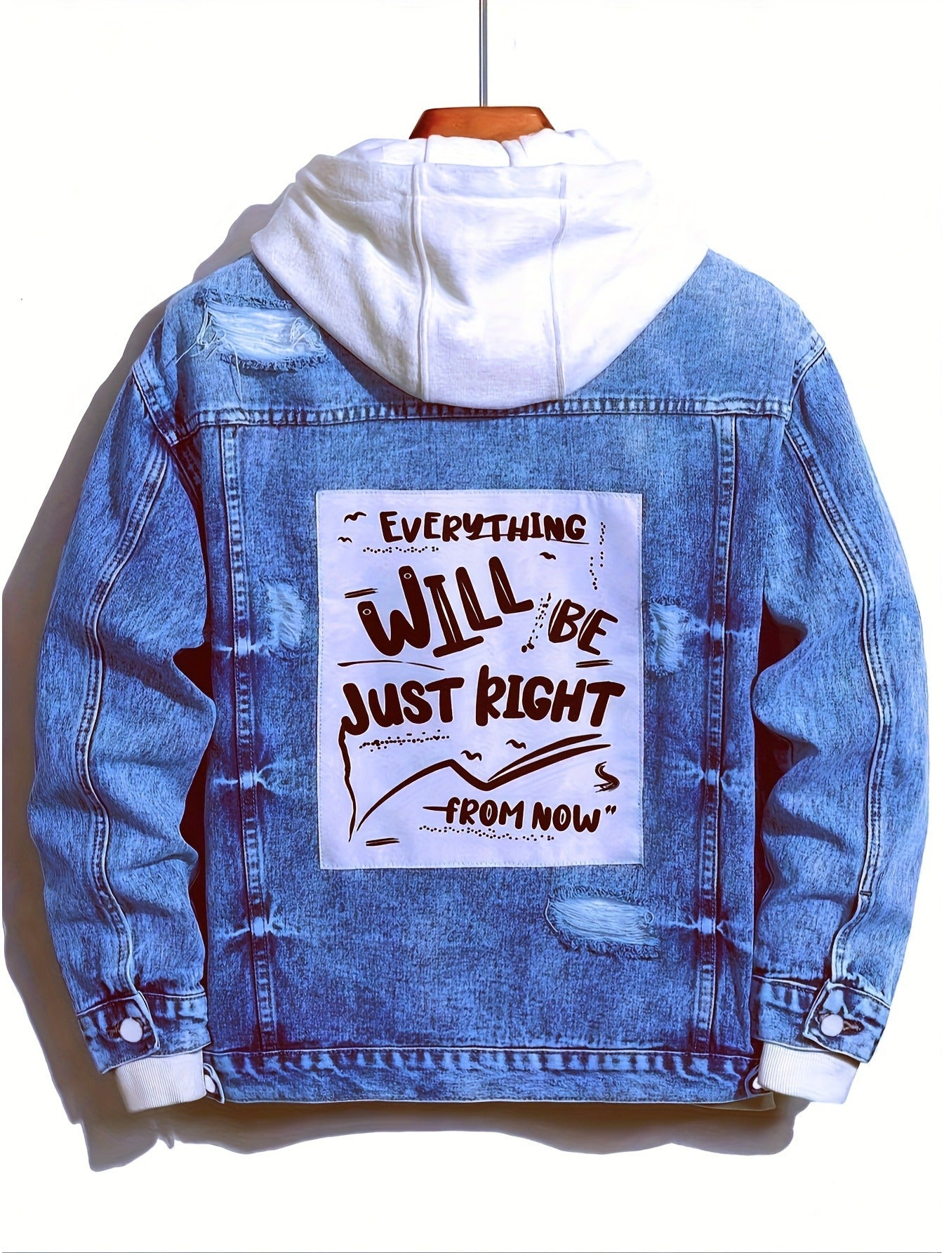 1pc Men'S Lightweight Faux Denim Jacket - Casual Street Style with " Everything Will Be Just Right from Now" Print, Regular Fit, Non-Stretch Fabric, Casual Outerwear | Street Style Jacket | Functional Pockets, Faux Denim Jacket Men, Casaca Jean Hombre