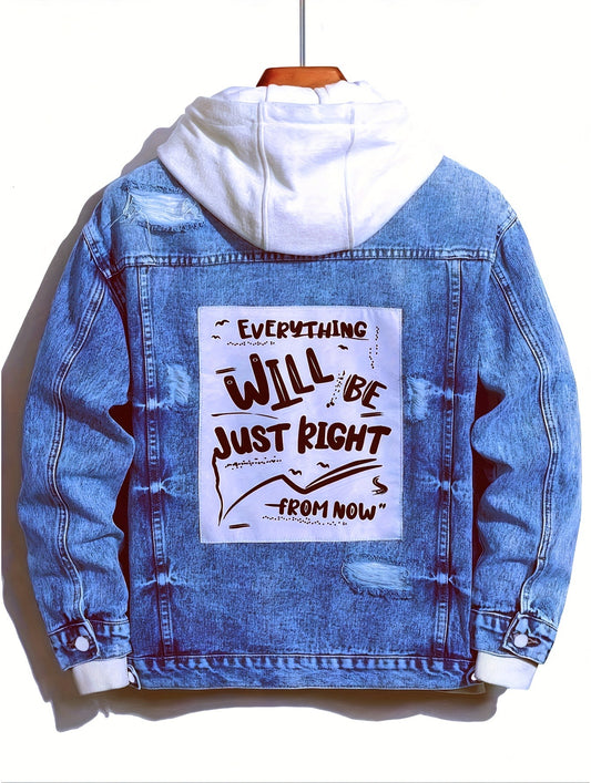 1pc Men'S Lightweight Faux Denim Jacket - Casual Street Style with " Everything Will Be Just Right from Now" Print, Regular Fit, Non-Stretch Fabric, Casual Outerwear | Street Style Jacket | Functional Pockets, Faux Denim Jacket Men, Casaca Jean Hombre
