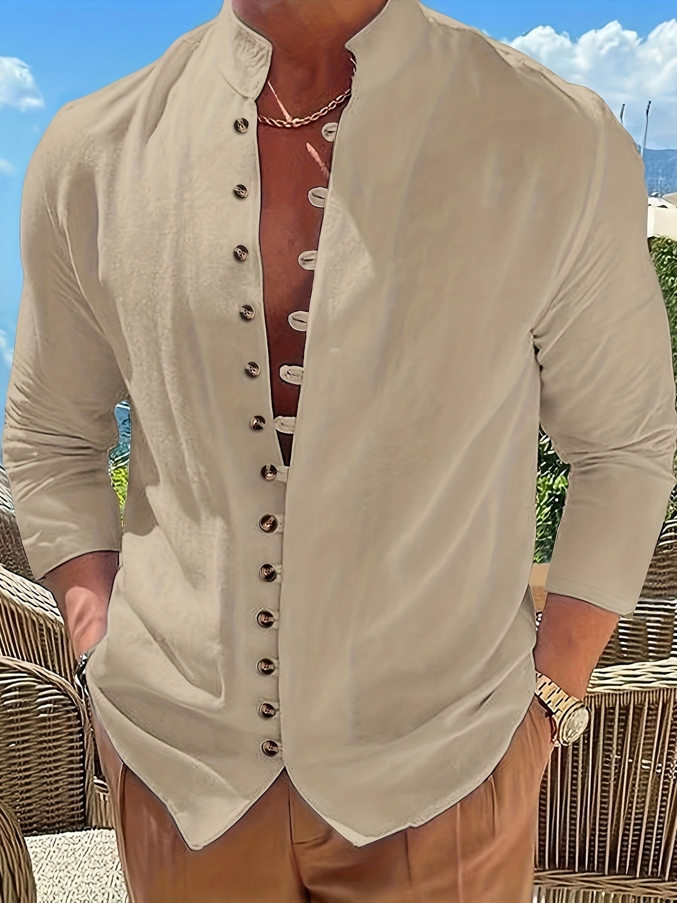 Retro Style Men's Casual Solid Long Sleeve Shirt, Men's Clothes For Spring Summer Autumn, Tops For Men