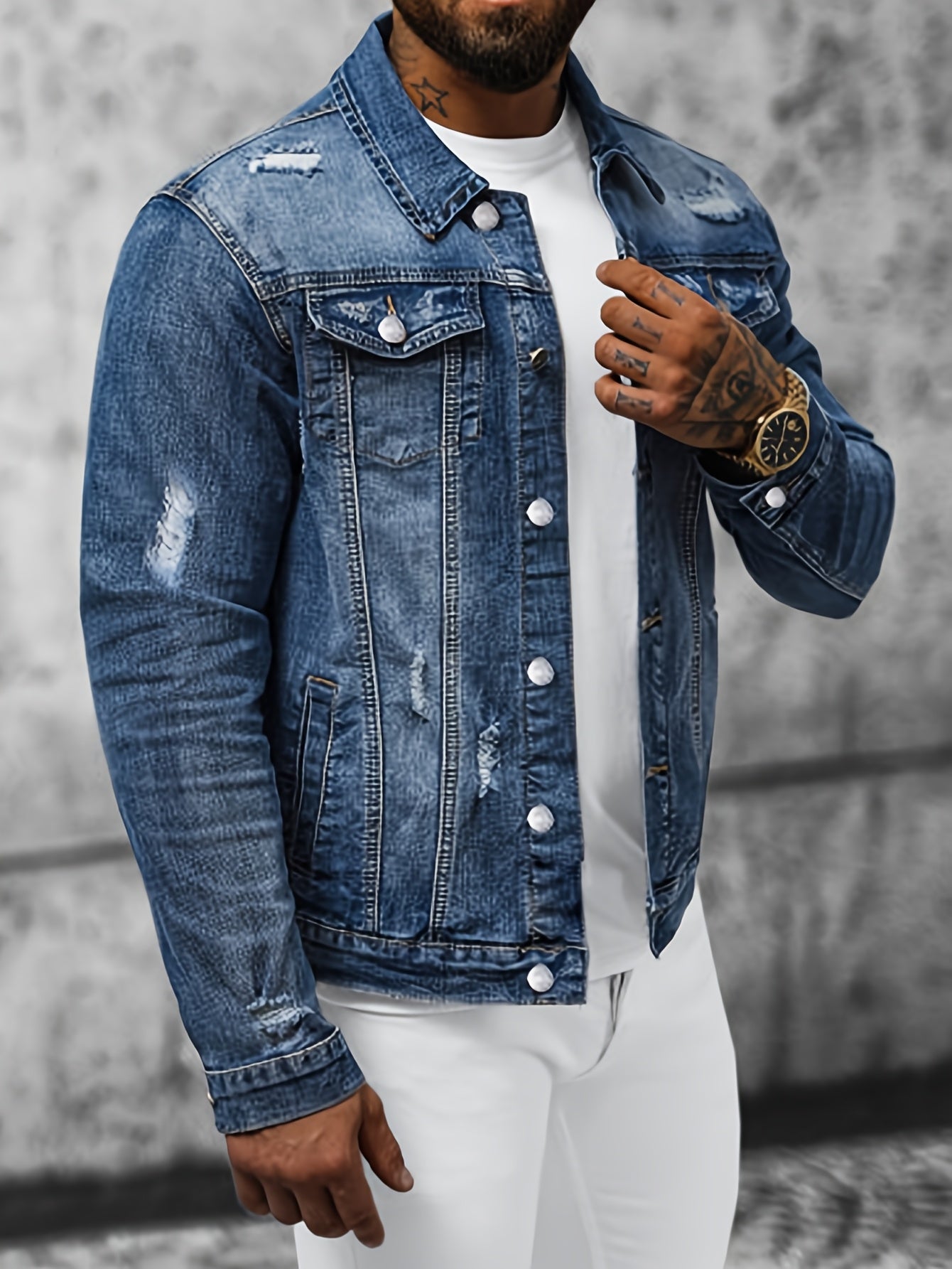 Men's Slim Fit Distressed denim Jacket - Lightweight Motorcycle Coat with Button Closure, Non-Stretch Fabric for Casual Streetwear, Everyday & Special Occasions - Machine Washable Urban Outerwear, Versatile Layering, Highstreet Fashion, Sturdy Constructi