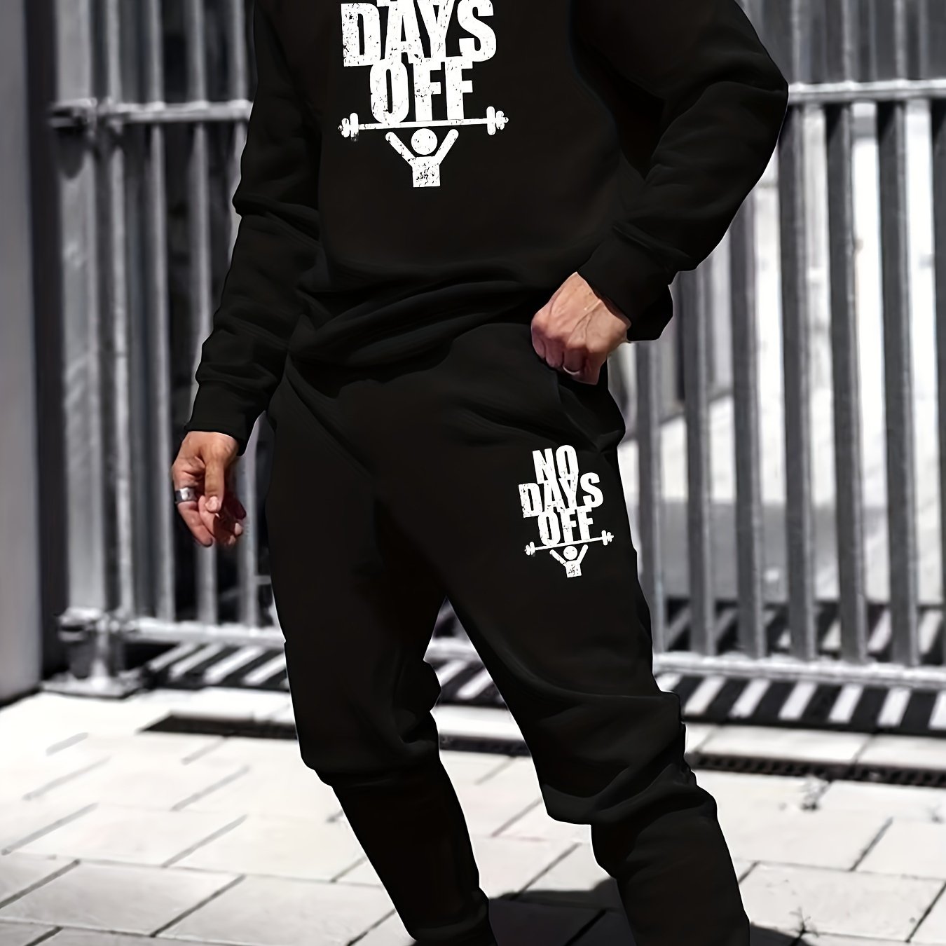 2-Piece NO DAYS OFF Outfit for Men: Crew Neck Long Sleeve Pullover Sweatshirt and Drawstring Sweatpants Joggers Set for Spring Fall