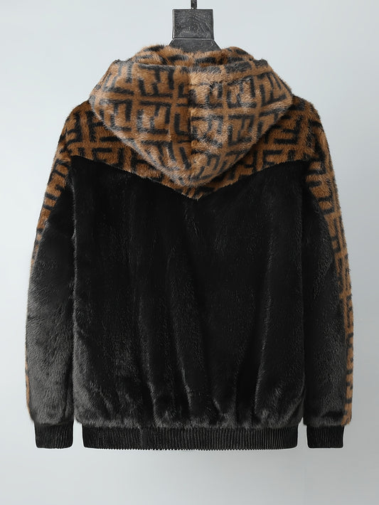Men's Winter Jacket - Full-Zip Hooded Coat with Black/White color block, Luxury imitation fur-like exterior, Warm Polyester Lining - Cold Weather Outerwear for Everyday & Formal Events - Men's Outerwear, Winter Coats, Formal Cold Coat, Zipper Front Closu