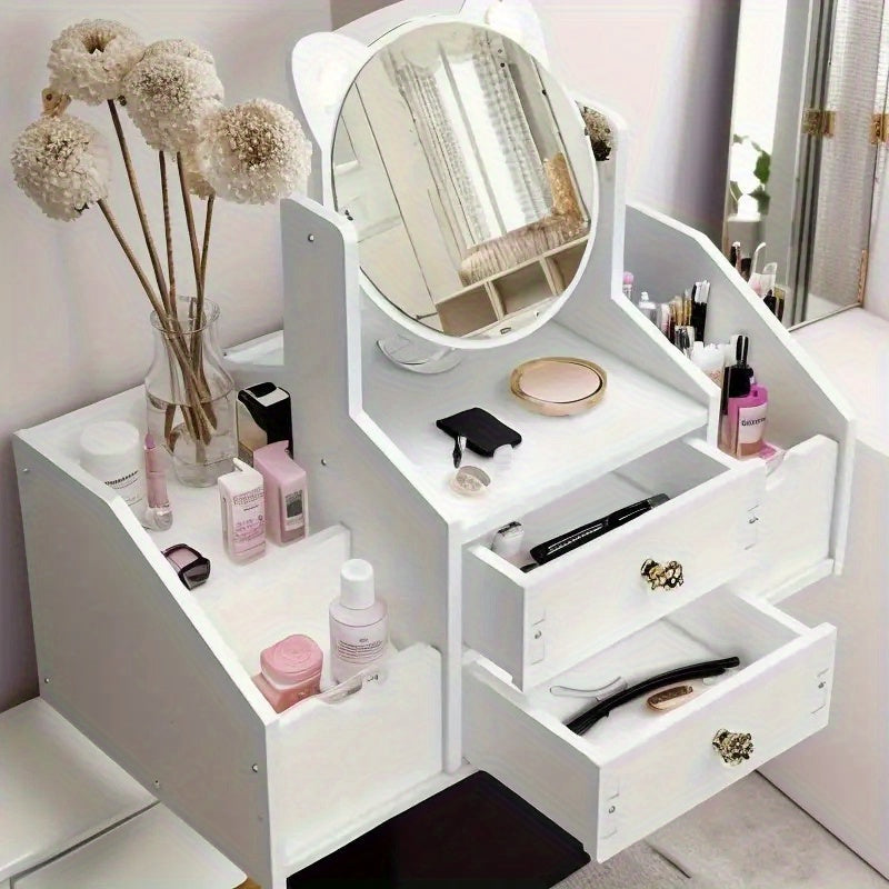 Modern Minimalist Vanity - Large Mirror Freestanding Wooden Dressing Table, 68.58 cm Tall and 39.88 cm Deep with 4 Drawers + Open Shelves, No Assembly Required, Suitable for Bedroom, Living Room, Bathroom