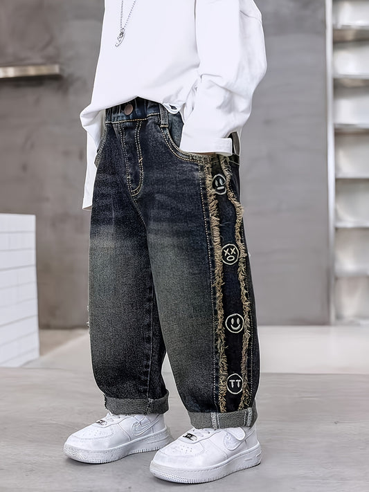 Kids' Casual Hip-Hop Smile Graphic Jeans - Loose Fit, Washed Blue Denim with Geometric Patterns, Elastic Waistband, All-Season Comfort, Casual Attire|Relaxed Fit Jeans|Elastic Waistband Jeans
