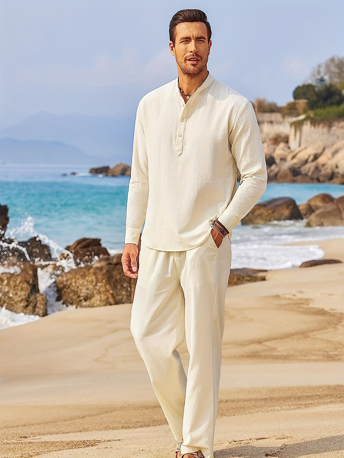 Men's Linen Blend Retro Henley Shirt Long Sleeve T-shirt Tee, Casual Comfy Shirts For Men Spring Summer Autumn, Men's Clothing Tops For Beach Yoga