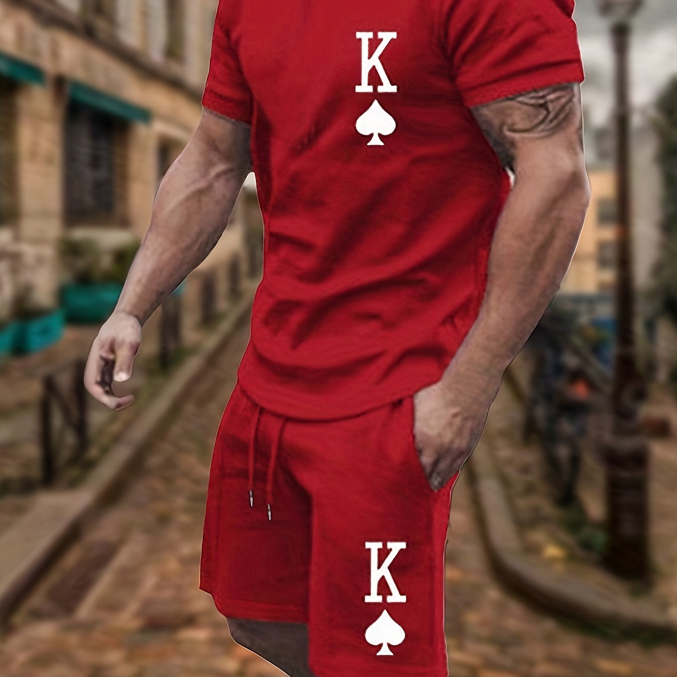 King Of Spades Pattern Print, 2Pcs Outfits For Men, Casual Crew Neck Short Sleeve T-shirt And Drawstring Shorts Set For Summer, Men's Clothing Loungewear Vacation Workout