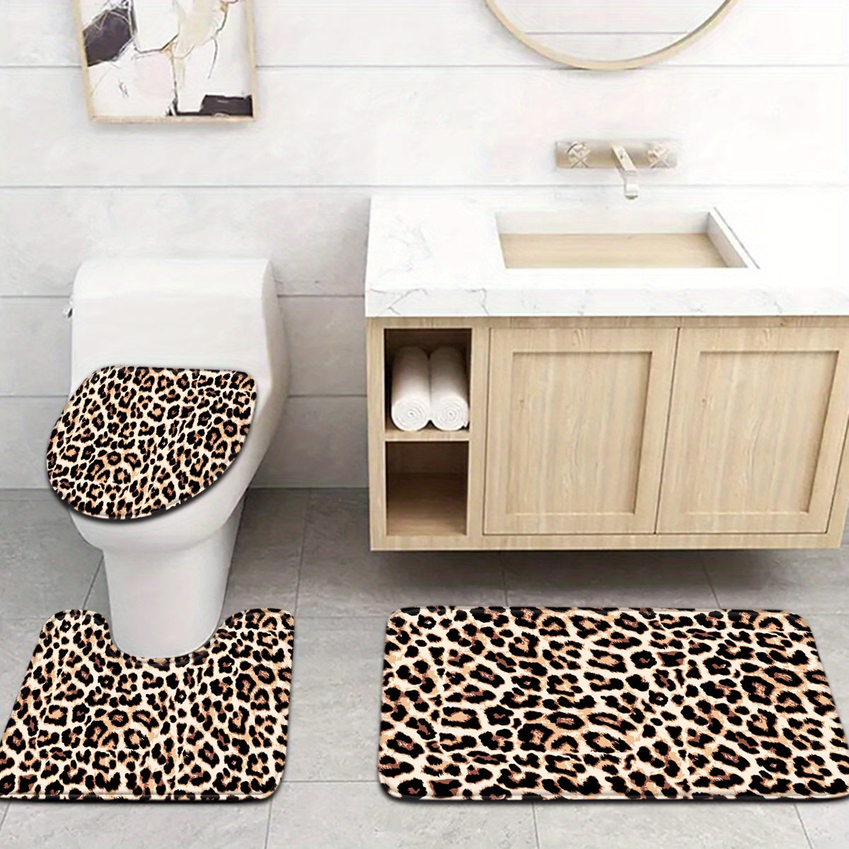 Leopard Print Bathroom Mat Set Toilet Seat Cover U-shaped Foot Pad