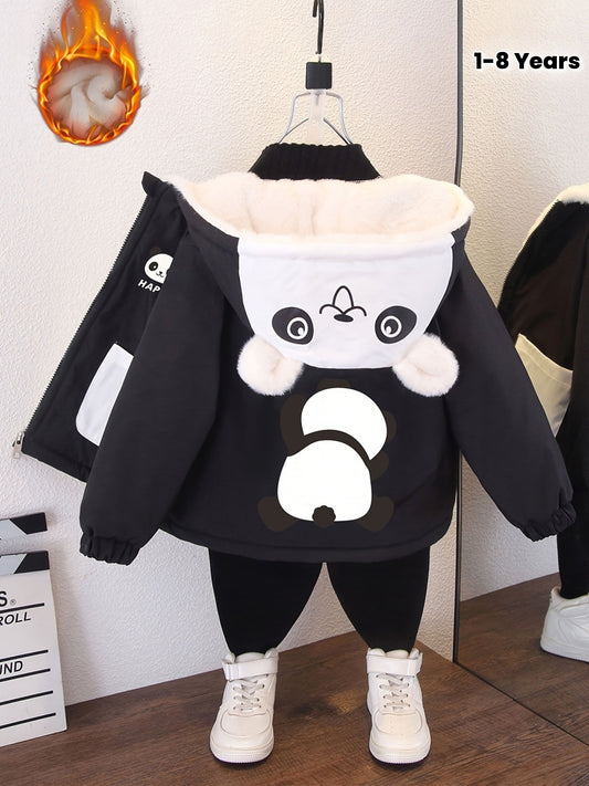 Youngsters' Cozy Fleece-Lined Hooded Jacket with Cute Panda Print - Color Block, Warm & Stylish for Boys and Girls, Perfect for Fall/Winter, Leisure Style, Loosen Version, Autumn/Winter