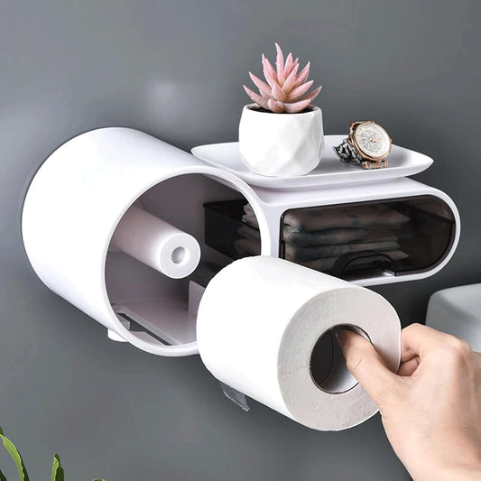 1 Luxury Self-Adhesive Wall Mounted Tissue Holder with Storage Shelf - Stylish High Gloss Black Multifunctional Organizer Box, Suitable for Toilet Paper, Towels, Smartphones and Watches - Universal Use in Home & Hotel Bathrooms All Year Round, Toilet Org