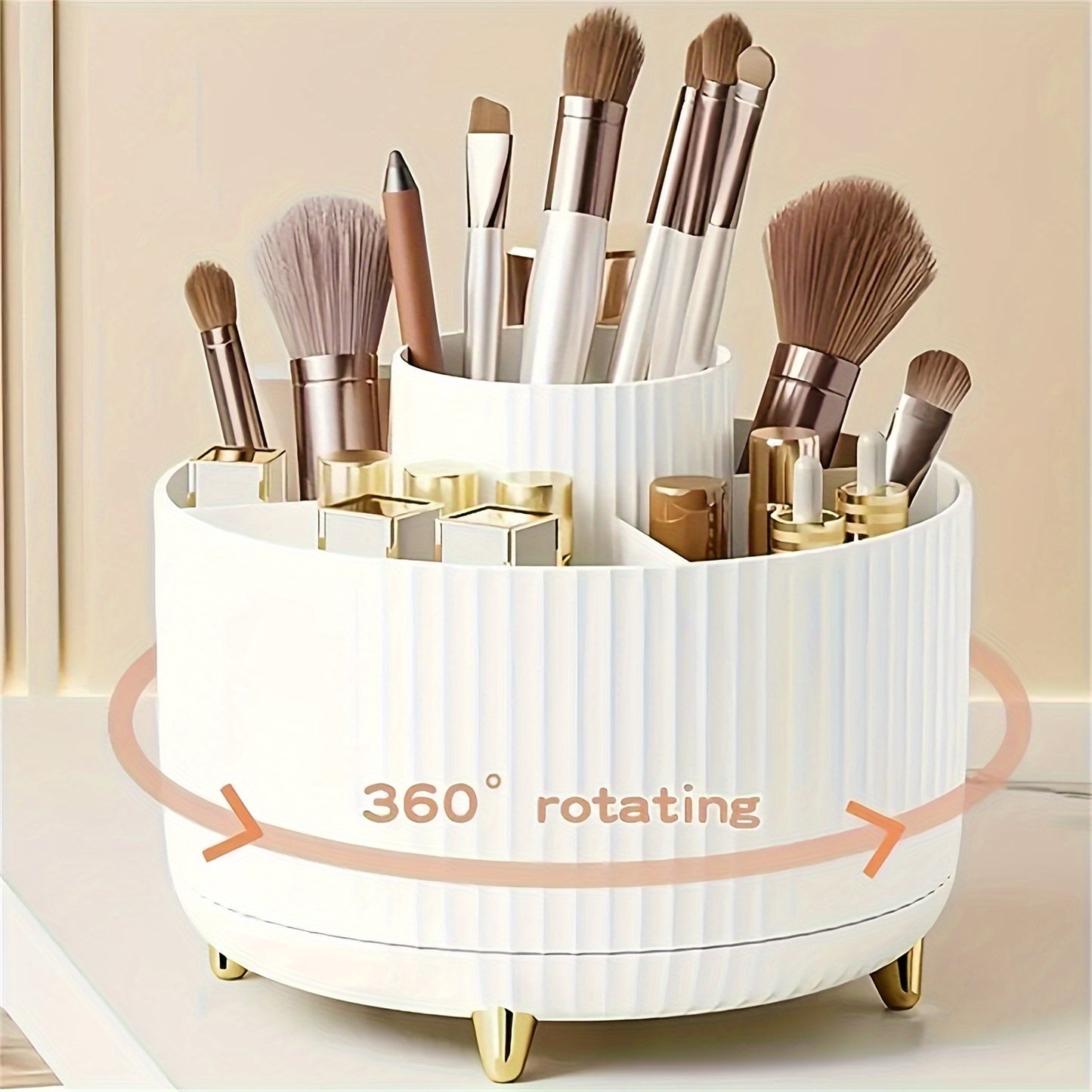 1pc ABERZEY 360° Rotating Makeup Organizer - 5-Compartment Durable Plastic Cosmetic & Desk Storage with Luxury Stripe Design, Freestanding No-Power Rotating Caddy for Brushes, Lipsticks, Skincare, Stationery, Makeup Brush Holder, Sleek Modern Look, Goldt