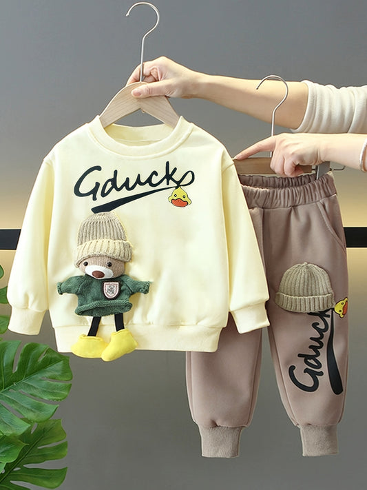 Boys' round neck hoodie and pants set, paired with cute teddy bear accessories, soft and comfortable, suitable for casual outdoor wear in autumn and winter, Perfect for Outdoor, Boys Winter Outfit Sets, Clothes Set For Boys, Boys Sweater And Pants, Boys