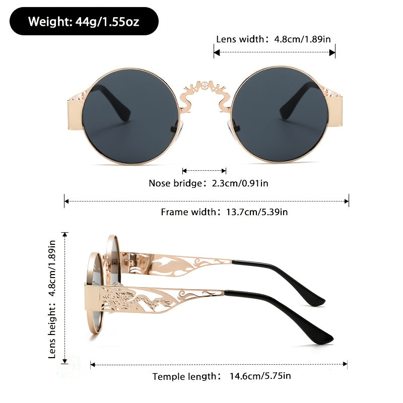 2-Pack Retro Small Frame Round Frame Punk Style Double Dragon Playful Print Wide Edge Foot Fashionable Eyewear for Men and Women with Personality Nose Bracelet