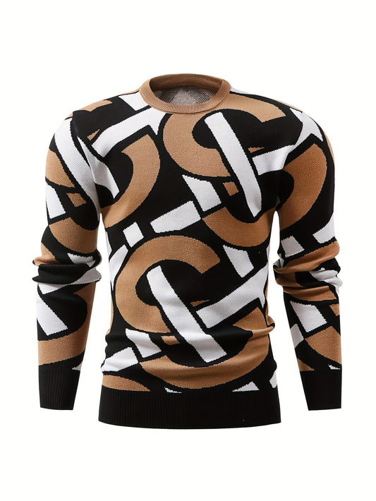 Iron Genghis OBM Men's Casual Long Sleeve Crewneck Sweatshirt - Striped Color-Block Knit Pullover with Ribbed Cuffs, 100% Polyester, High Elasticity, Autumn Winter Warmth, Black & Beige