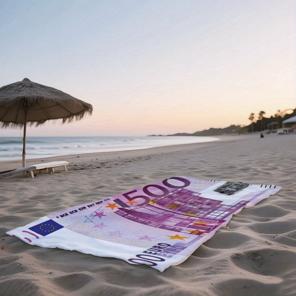 Euro Bill Design Beach Towel - European Currency Pattern with Serial Numbers, Extra Large Soft Quick-Dry Bath & Beach Towel - Ideal Father's Day Gift for Dad, Pool, Travel - Machine Washable Polyester Blend, Poolside Accessory, Elegant Gift Item