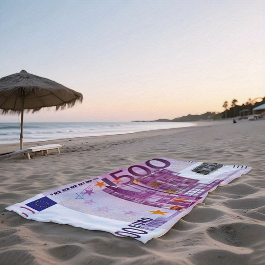 Euro Bill Design Beach Towel - European Currency Pattern with Serial Numbers, Extra Large Soft Quick-Dry Bath & Beach Towel - Ideal Father's Day Gift for Dad, Pool, Travel - Machine Washable Polyester Blend, Poolside Accessory, Elegant Gift Item