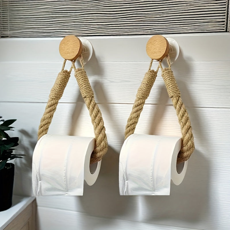 2pcs Hemp Rope Paper Towel Holder Solid Wood Woven Storage Towel Rack Washcloth Holder Creative Hole-Free Roll Paper Holder