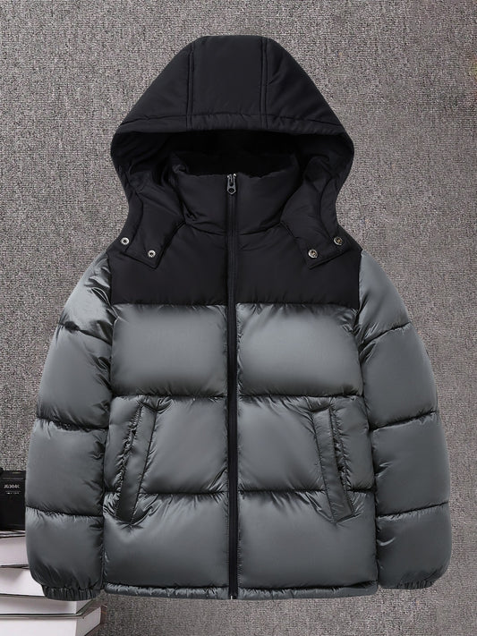 Thick Jacket with Hood and Stand-up Collar for Boys and Girls, Featuring a Zippered Front, Pockets, Color Block Design, Windproof, Perfect for Outdoor Winter Activities, A Great Gift for Teenagers