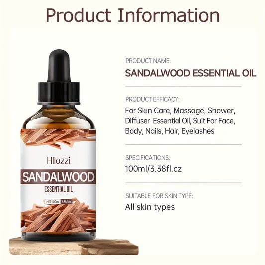 100ml/3.38fl.oz Sandalwood Essential Oil is a moisturizing diffuser oil, suitable for skincare, massage, and bath use. Perfectly designed to diffuse on your face, body, nails, hair, and eyelashes, making it an ideal gift!