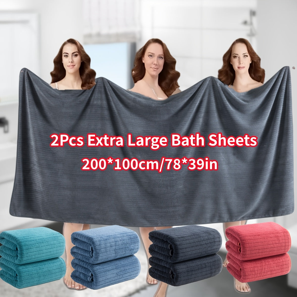 2pcs Extra Large Bath Sheets for Adults - Oversized 39"x78" Coral Fleece Towels, Ultra-Soft & Quick-Dry, Heavy-Duty 200x100cm Bathing Suits for Beach, Spa, Swimming, Gym - Luxury Plush Coral Fleece Set (Blue/Red/Grey)