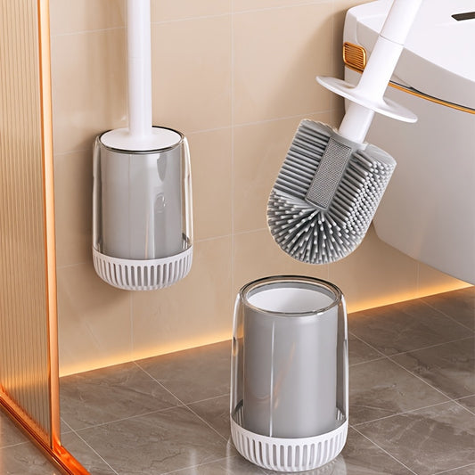1 Set Wall-Mounted Long Handle Toilet Brush Set with Base, No-Drill Hanging Design, Flexible Silicone Bristles for Deep Cleaning, Bathroom Accessories, Cleaning Tool