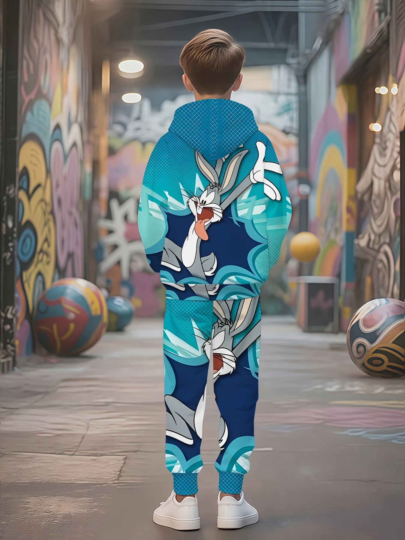 Looney Tunes Bugs Bunny 3D Print Casual Hoodie & Sweatpants Set, Perfect for Outdoor Activities, Perfect for Outdoor