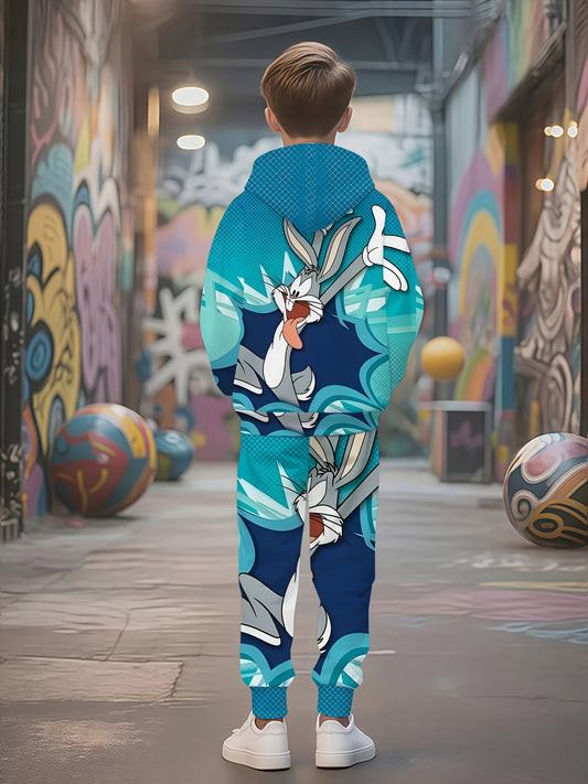 Looney Tunes Bugs Bunny 3D Print Casual Hoodie & Sweatpants Set, Perfect for Outdoor Activities, Perfect for Outdoor