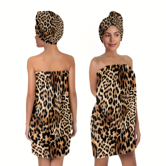 2pcs/Set Brown Leopard Bottom Printed Women'S Bath Skirt and Hat Set Adjustable Women'S Bathrobe Wearable Towel Skirt, Suitable for Shower, Spa, Sauna, and Beach Bathroom Decoration, Wash Cloths