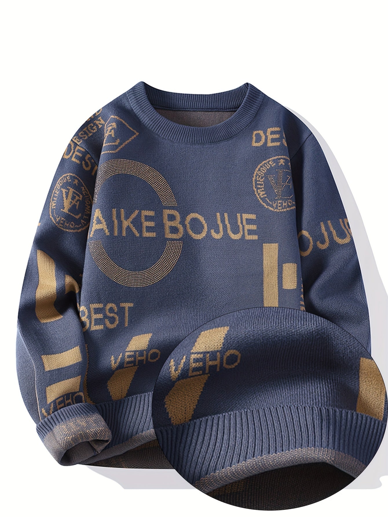 SENMEIGUO Men's Slim Fit Long Sleeve Knit Sweater - Black & Golden Letter Graphic Design, Round Neck Casual Pullover for Autumn Winter, Warm Layering Essential, Sweater for Fall