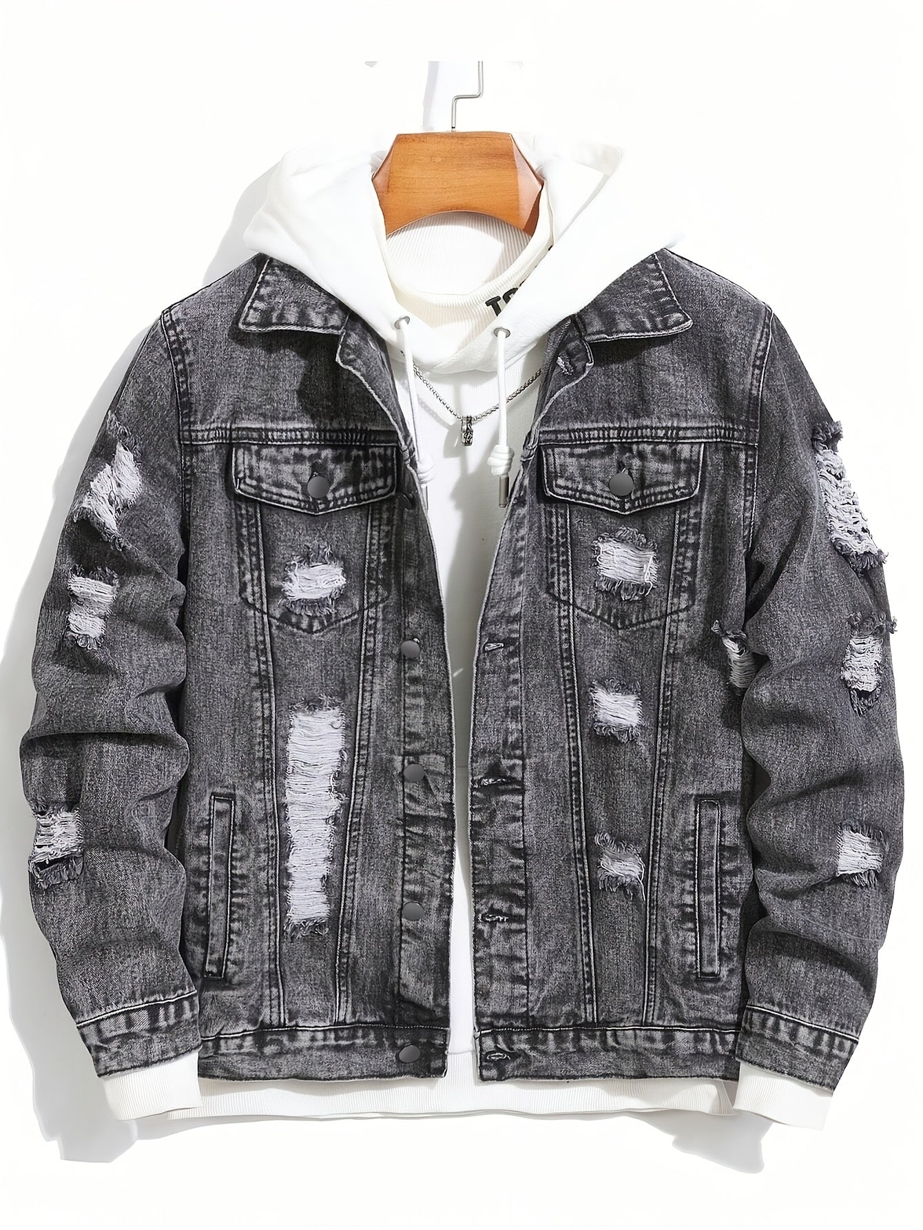 Men'S Vintage Distressed Faux Denim Jacket - Non-Stretch Faux Denim Coat with Classic Button Closure, All-Season Layering Essential for Casual & Formal Outfits - Retro Streetwear Outerwear, Durable Fabric, Streetwear Fashion, Washed Texture, Sturdy Const