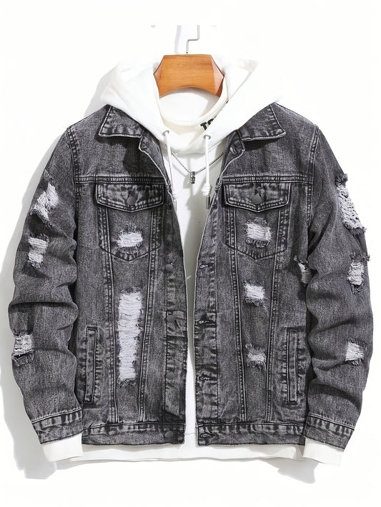 Men'S Vintage Distressed Faux Denim Jacket - Non-Stretch Faux Denim Coat with Classic Button Closure, All-Season Layering Essential for Casual & Formal Outfits - Retro Streetwear Outerwear, Durable Fabric, Streetwear Fashion, Washed Texture, Sturdy Const