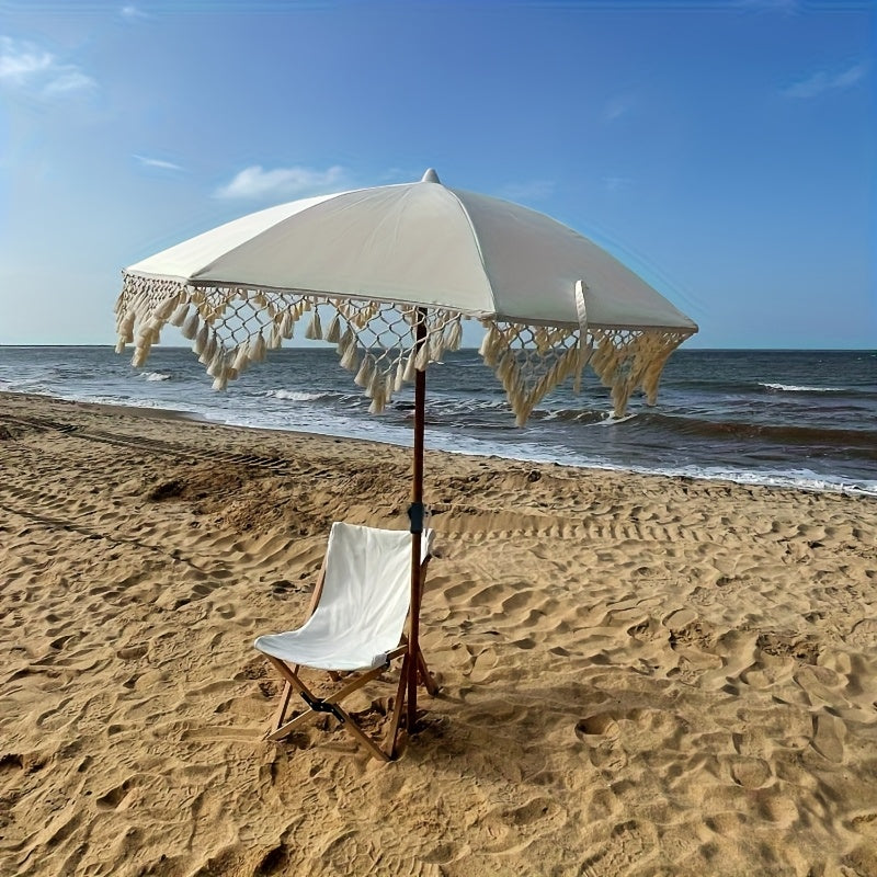 Bohemian Style White Outdoor Canopy Umbrella - Handmade Tear-Resistant Polyester, Round Iron Frame, Multi-Use for Beach, Garden, Poolside Camping & Leisure, Beach Umbrella, Garden Sunshade, Elegant Sunshade, Tearresistant Fabric