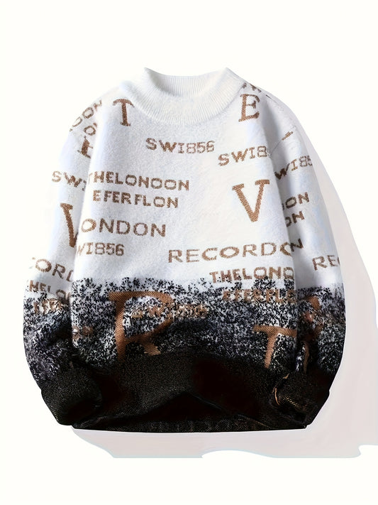 Men'S Cozy Winter Sweater - Soft Fleece-Lined Pullover with Gradient Letter Print, Non-Slip Knit Top for Casual Outings & Casual Attire, Sweater Vest, Thick