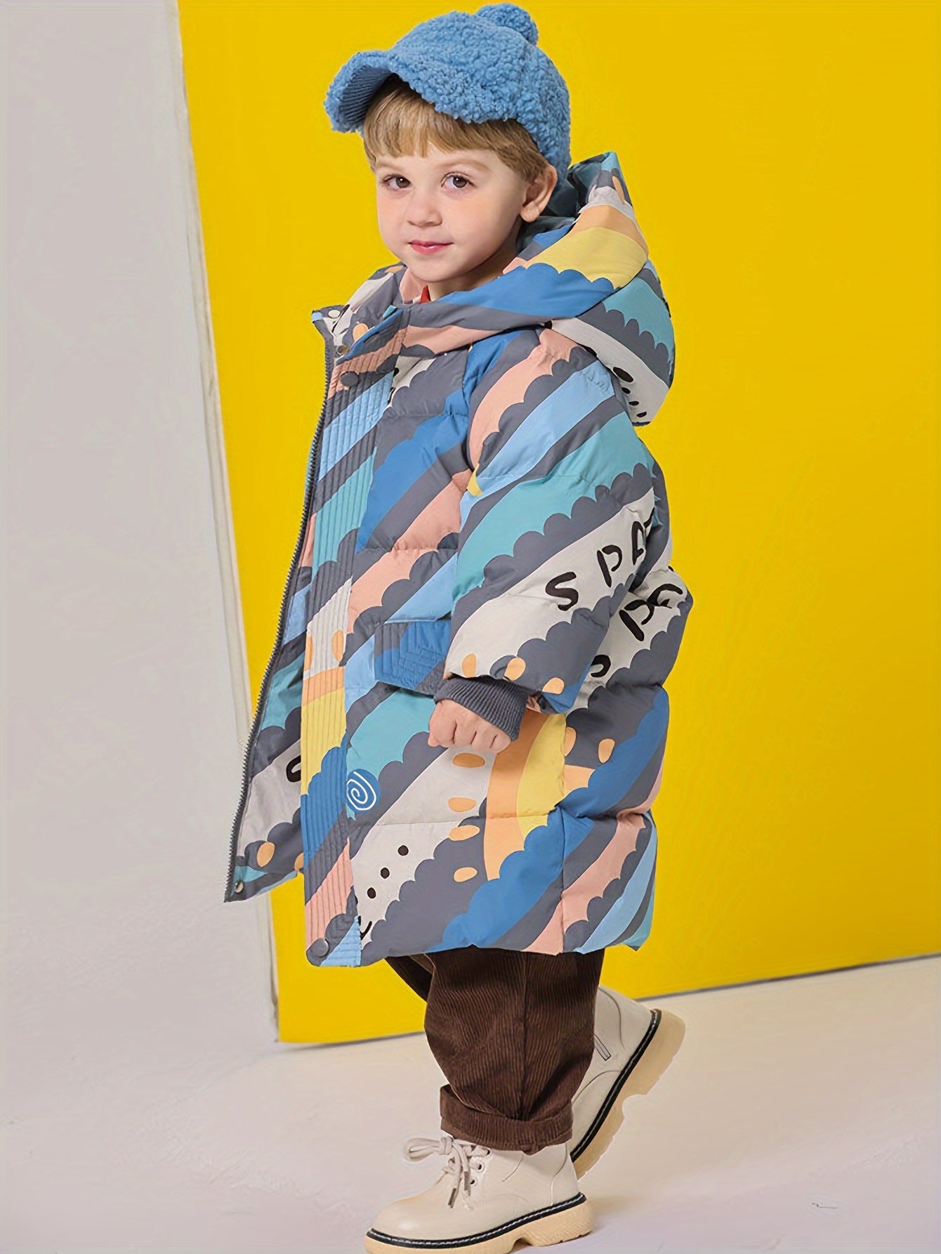Youngsters' Colorful Geometric Print Hooded Winter Jacket - Warm Fleece-Lined Coat for Boys and Girls, Stylish Long Sleeve with Pockets, Vibrant Abstract Design, Perfect for Fall/Winter Outdoor Play, Girls Winter Clothes