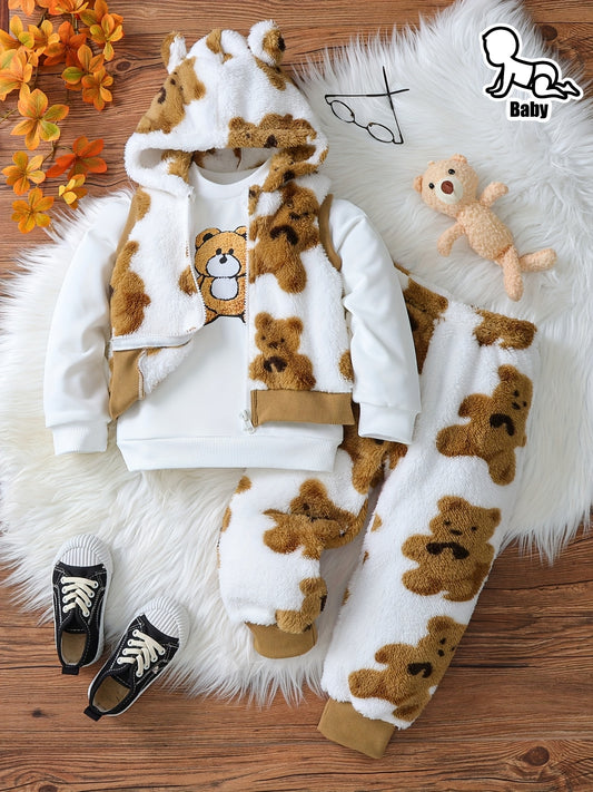 3pcs Boys' Baby Autumn Winter Solid Color Round Neck Teddy Bear Graphic Long Sleeve and Warm Double-Sided Fleece Bear Print Hooded Zipper Jacket and Plush Pants Casual Daily Set, for Outdoor