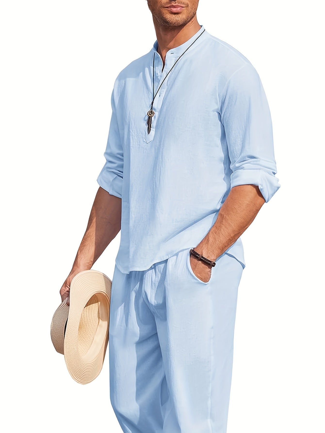 Men's Linen Blend Retro Henley Shirt Long Sleeve T-shirt Tee, Casual Comfy Shirts For Men Spring Summer Autumn, Men's Clothing Tops For Beach Yoga